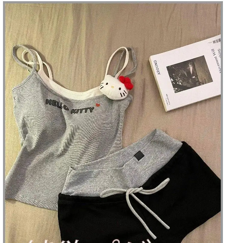 Cute Hello Kitty fake two-piece suspender shorts pajamas women's summer casual loungewear two-piece set can be worn outside