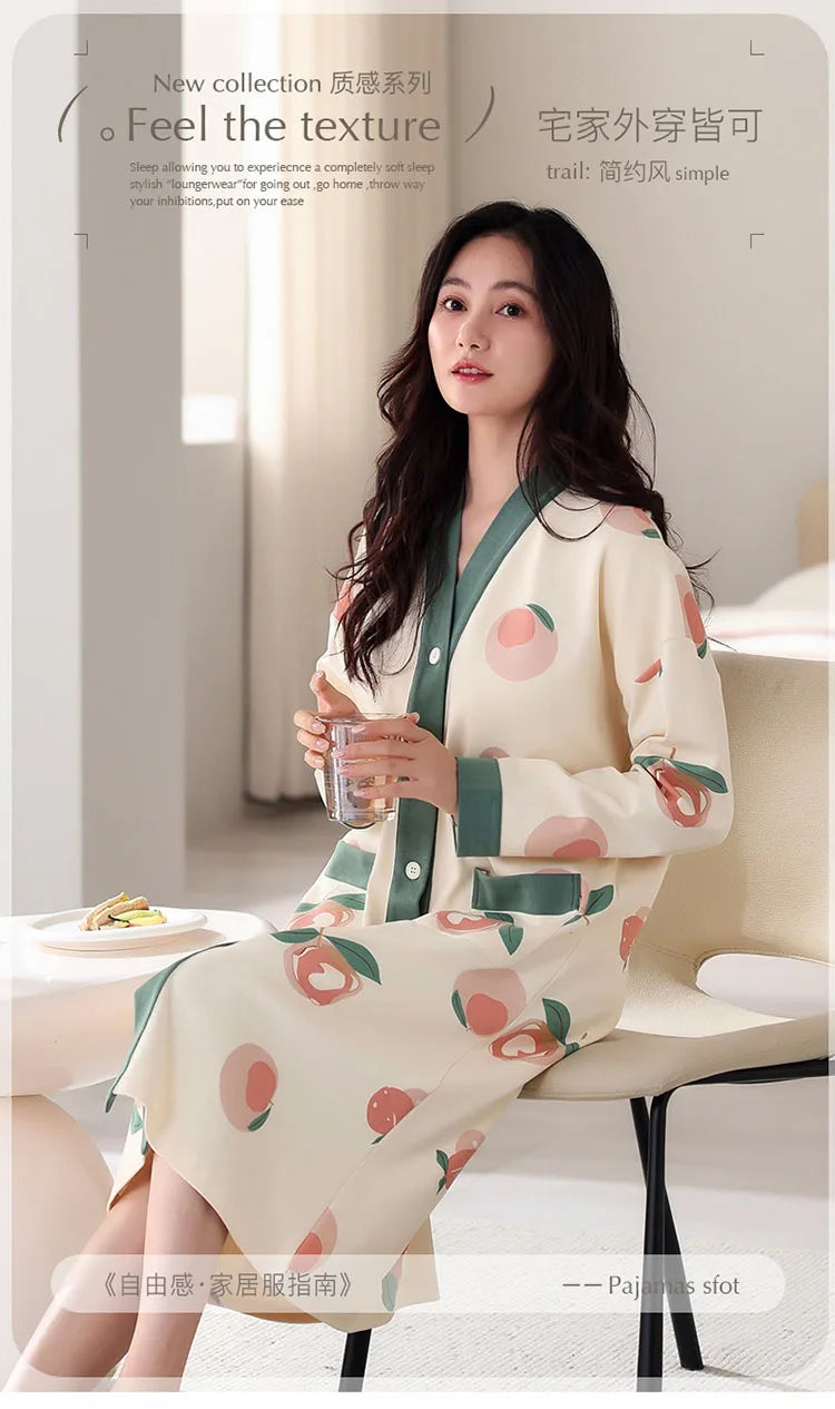 Big Size M-5XL Spring and Autumn Women Nightdress With Chest Pad Femme Knited Cotton Nightwear Floral Nightgown