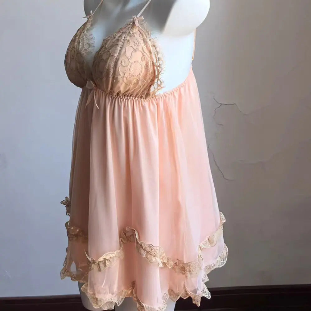 Lace Bowknot Women's Pajama Dress Flower Ruffle Suspender Nightdress Sleeveless Sleepwear Sling Nightgown with Pads Summer