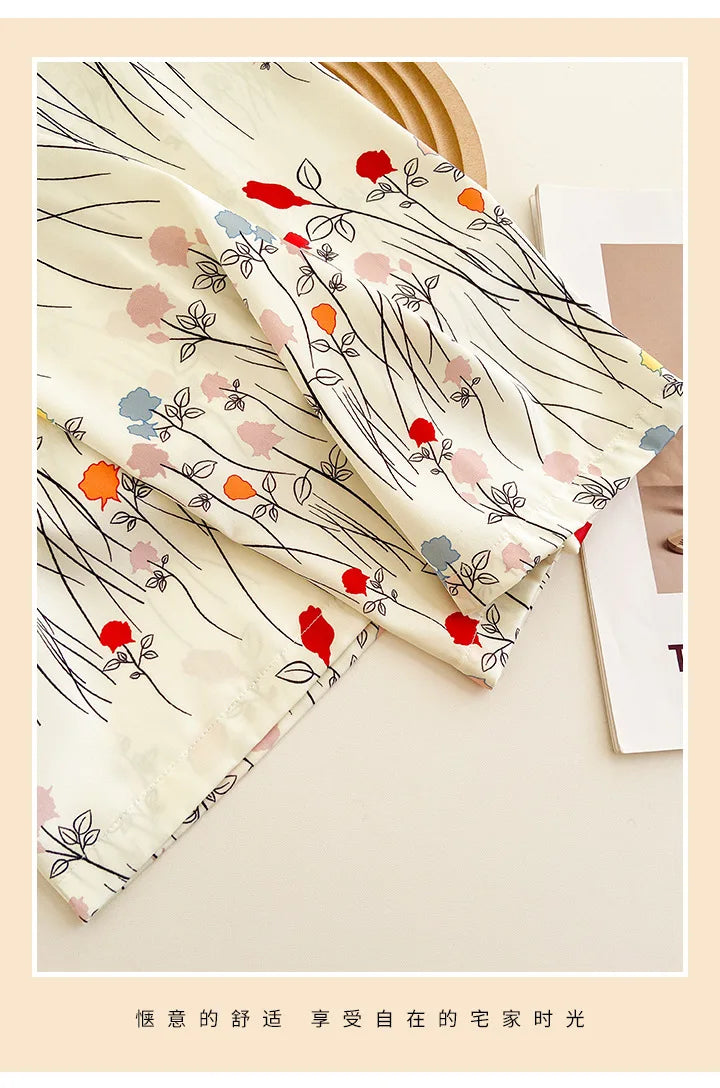 Female 2PCS Pajamas Set Spring Summer Print Flower Sleepwear Long Sleeve Trouser Suits Sweet Loose Satin Home Clothes Loungewear
