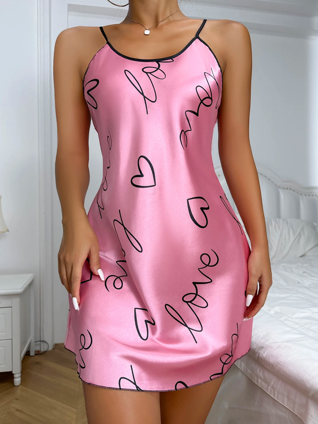 Women's Satin Nightdress, Heart & Floral Print Spaghetti Strap Sleep Dress, Casual Round Neck Sleepwear Slip