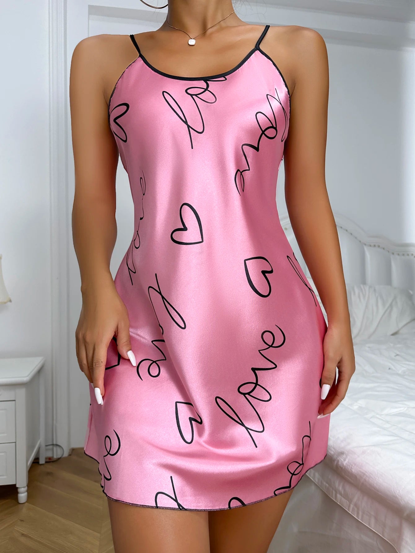 Women's Satin Nightdress, Heart & Floral Print Spaghetti Strap Sleep Dress, Casual Round Neck Sleepwear Slip