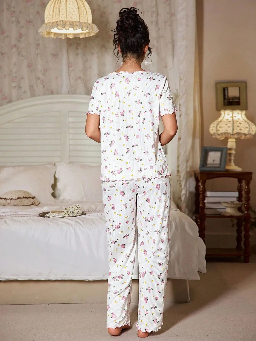 New European and American style loose-fitting women's pajamas, floral short-sleeved long pants home wear, casual two-piece set s