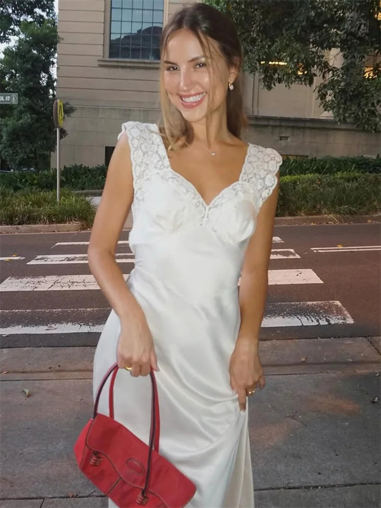 Tossy Fashion Satin Lace Long Dress Women V-Neck Patchwork Hollow Out Sleeveless Lace-Up Dress Evening Female Autumn Maxi Dress