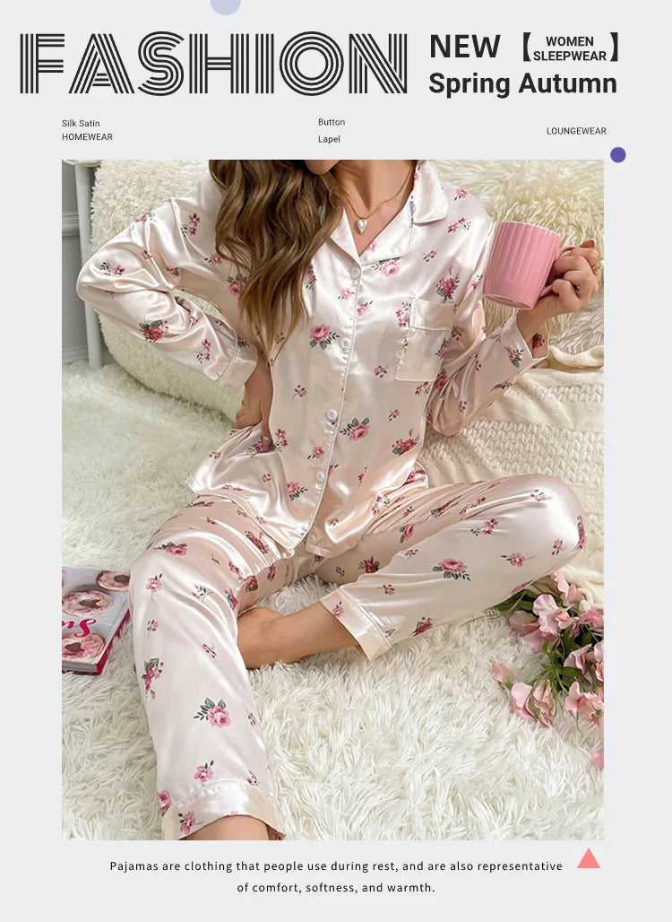 Pajamas For Women's Floral Print Long-Sleeved Sleepwear Button Down 2 Piece Soft Loungewear Pjs Set Pajama Pants Homewear