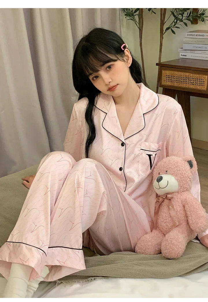 Elegant Silk Satin Women Pajamas Set Lounge Wear Sexy Lingerie Long Sleeve Trouser Pijamas Suit Loose Casual Sleepwear Homewear