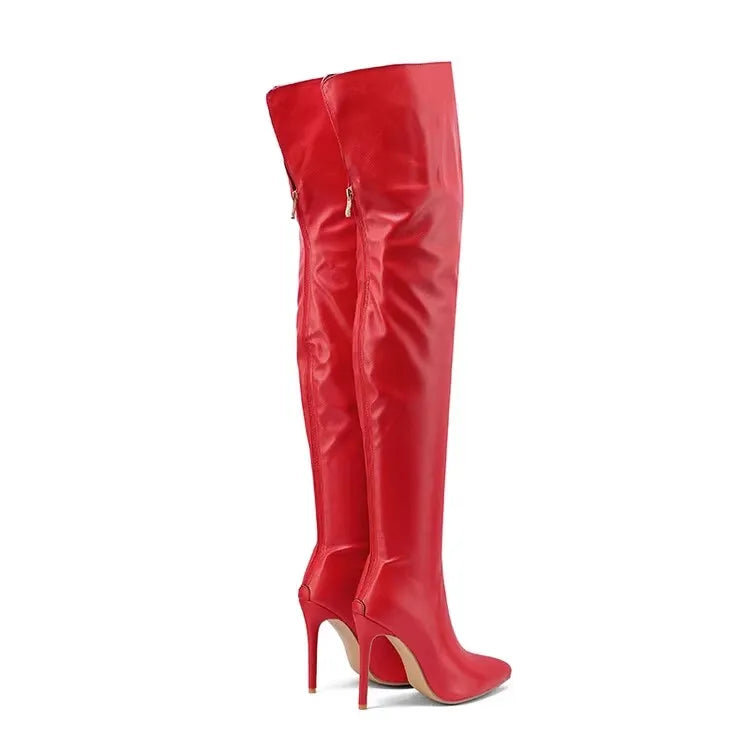 Women Boots Red Black Pointy Toe Thigh High Long Boots Autumn Winter Zip Over-the-Knee Boots Party Shoes Plus Size 46 Stiletto