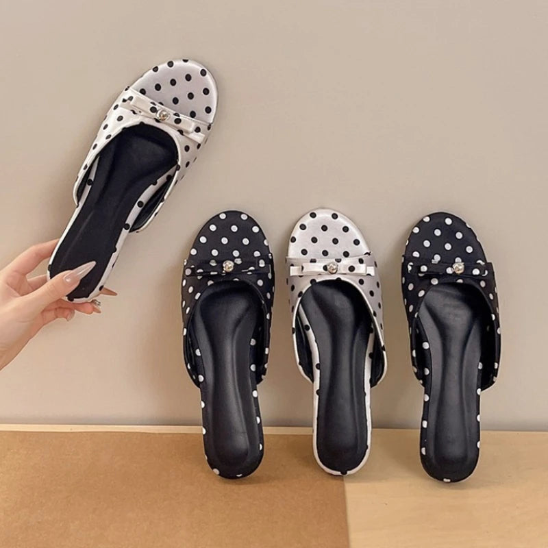 Cute Polka Dot Women Slippers Comfortable Soft Sole Slip On Flats Dress Shoes 2026 Summer Outdoor Beach Vacation Slides Shoes