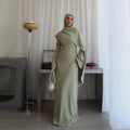 White Pearl Trim Cape Maxi Dress Women Elegant Long Sleeve Cinched Waist Muslim Robes 2026 Spring EID Abaya Lady Dresses