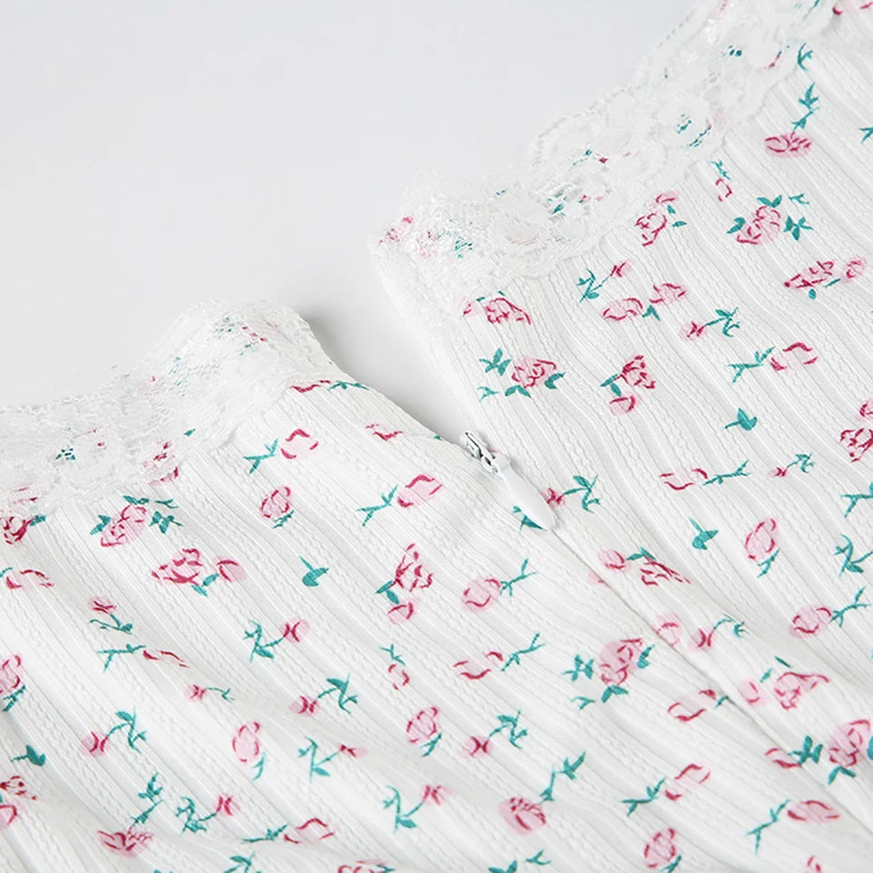 Floral Print V-neck Lace Trim Jumpsuit Knitted Long Sleeve Cute Aesthetic Y2K Bodysuit Rompers Homewear Women Casual Nightgowns