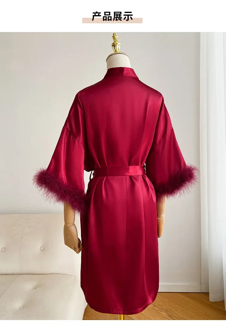 Wedding Bride Bridesmaid Robe Satin Kimono Intimate Lingerie Lady Sexy Feather Sleeve Bathrobe Nightgown Short Sleepwear Onesize