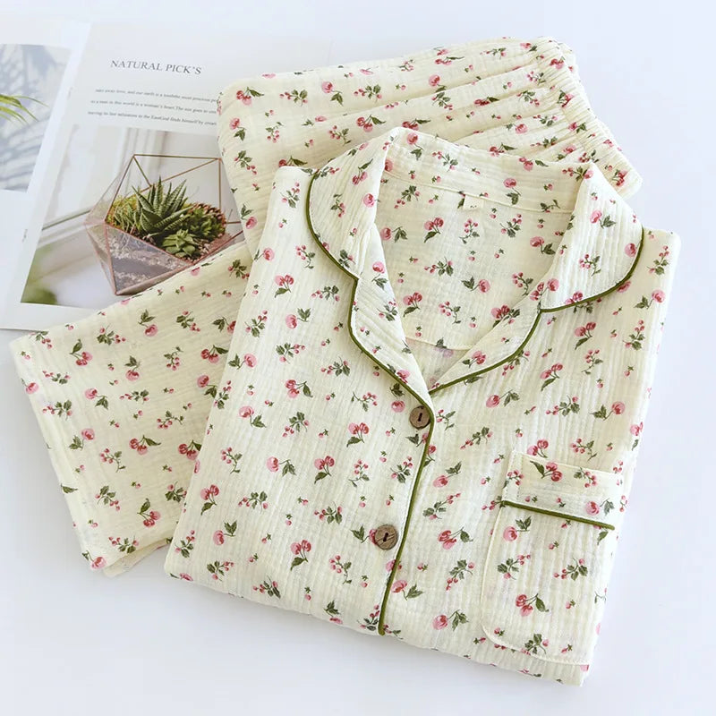 2026 Spring and Autumn Women's Pajama Set 100% Cotton Crepe Long sleeved Pants Two piece Cute and Sweet Home Fury Set Ladies