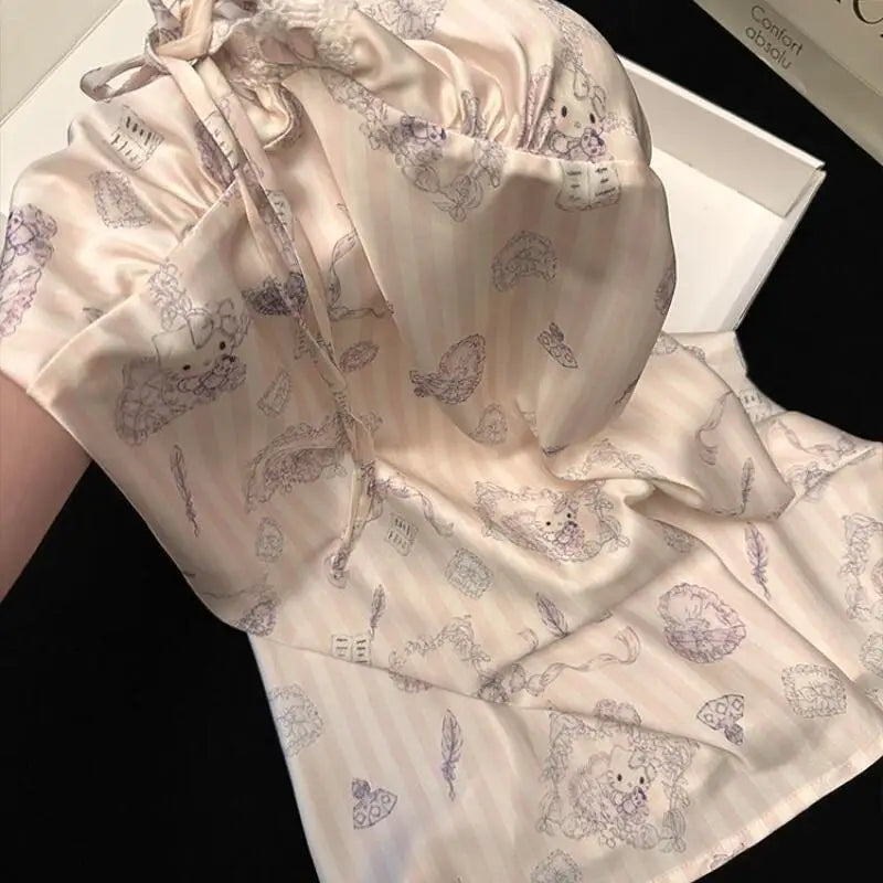 Sanrios Suspenders Nightgown Hello Kittys Ice Silk Pajamas Loose Clothes Simple Trendy Thin Printed Skirt Creative Hot Selling