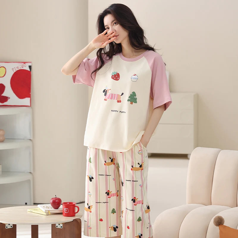 MiiOW 2Pcs Summer Women's Pajamas Set Cotton Short Sleeve Woman Homewear Cute Pink Patchwork Print Girls Pajamas Woman Sleepwear
