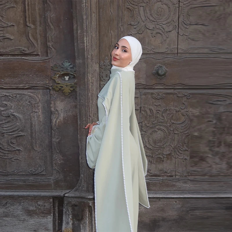 White Pearl Trim Cape Maxi Dress Women Elegant Long Sleeve Cinched Waist Muslim Robes 2026 Spring EID Abaya Lady Dresses