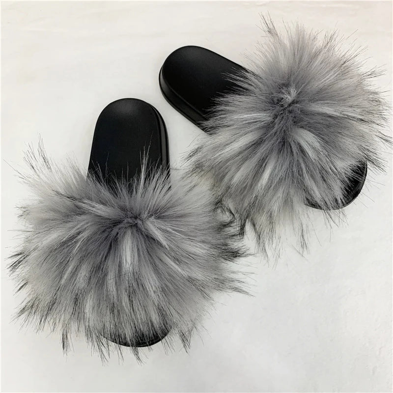 Ladies Fluffy Slippers Summer Women Faux Fur Soft Slides Stylish Open Toe Sandals Outdoor Indoor Furry Comfortable Beach Shoes