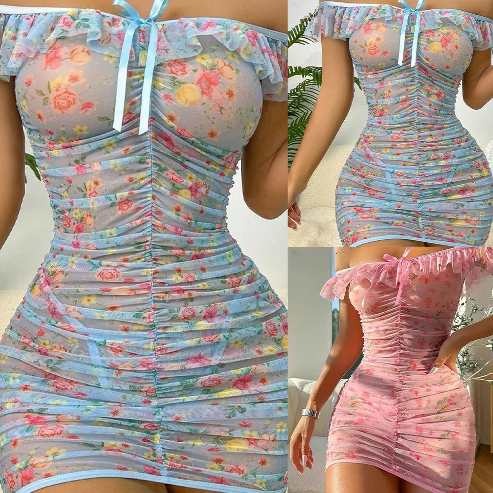 Women Sexy Pajama Nightdress Transparent Floral Mesh Print Nightdress Set Nightwear Nightgown Dress Lingerie