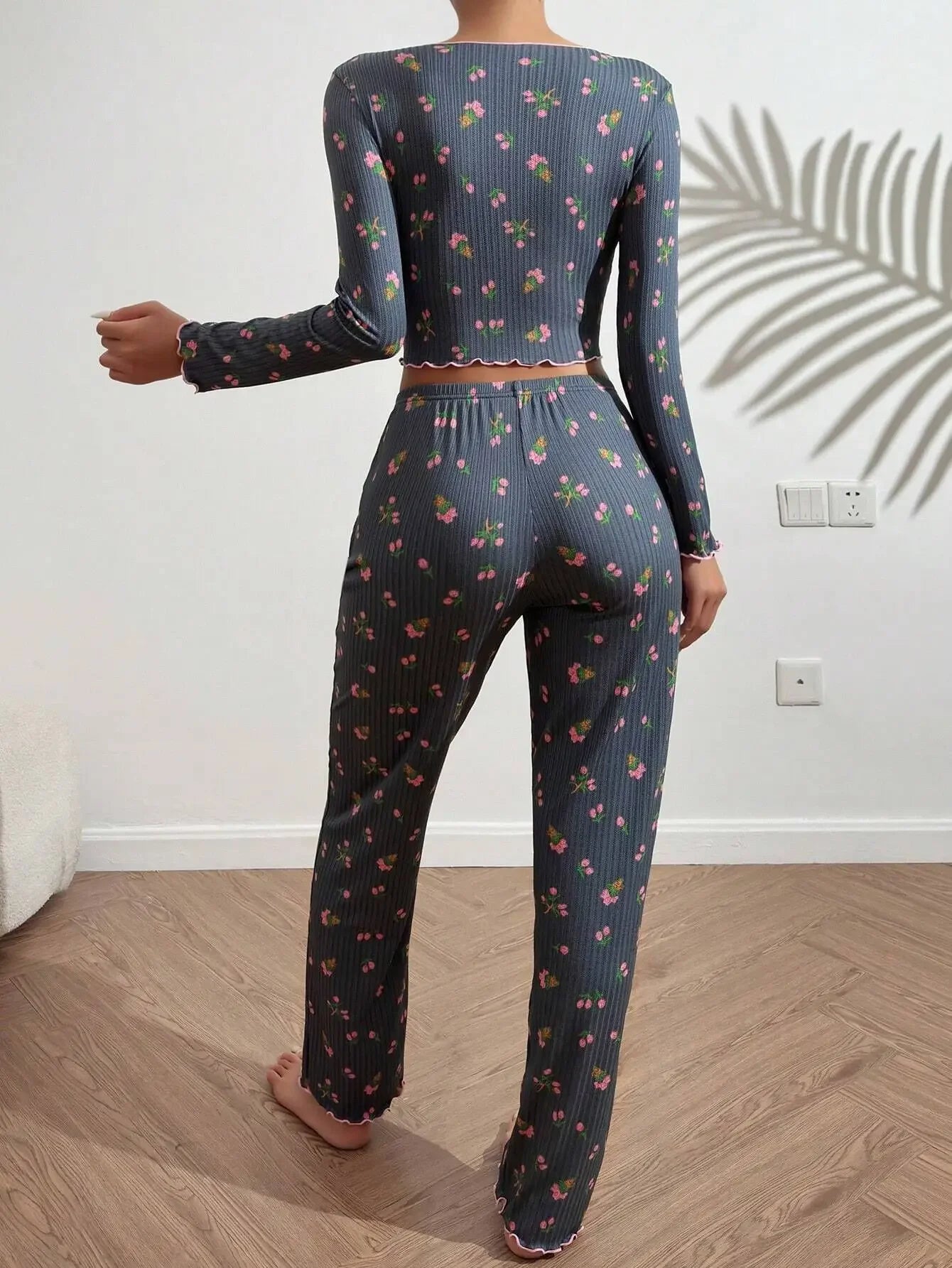 Y2K Cute Floral Ribbed Pajama Set Womens Long Sleeve V Neck Two Piece Sleepwear Homewear Autumn Winter Bow Lettuce Trim New Hot