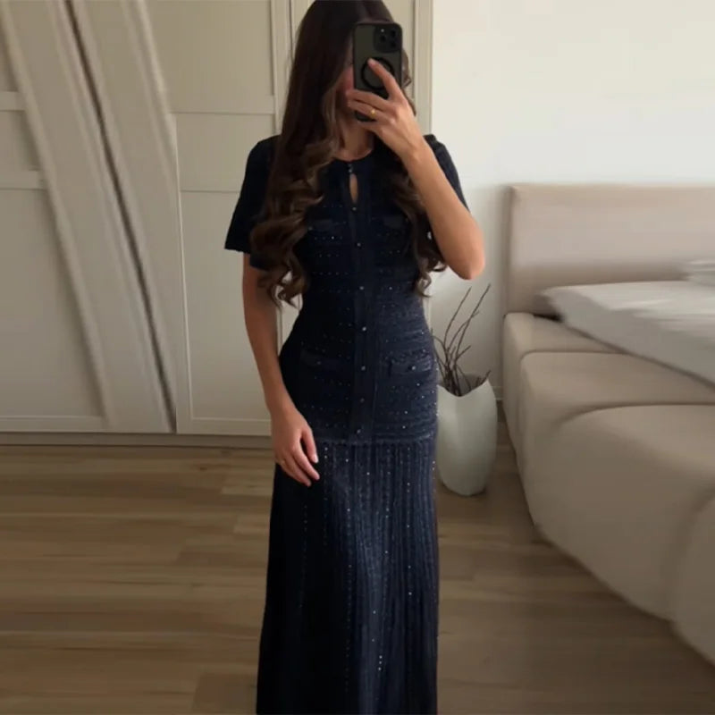 Cinched Waist Sequin Maxi Dress for Women Round Neck Short Sleeved Knitted Dresses 2026 NEW Hollow Out Single Breasted Midi Robe