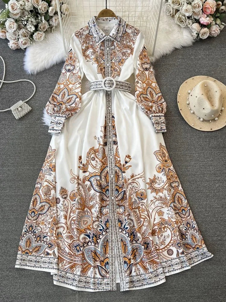 Elegant Vintage Court Style Long Sleeve Collared Slim Fit Print Shirt Dress Knitted Fabric Midi Skirt Length Button Detail