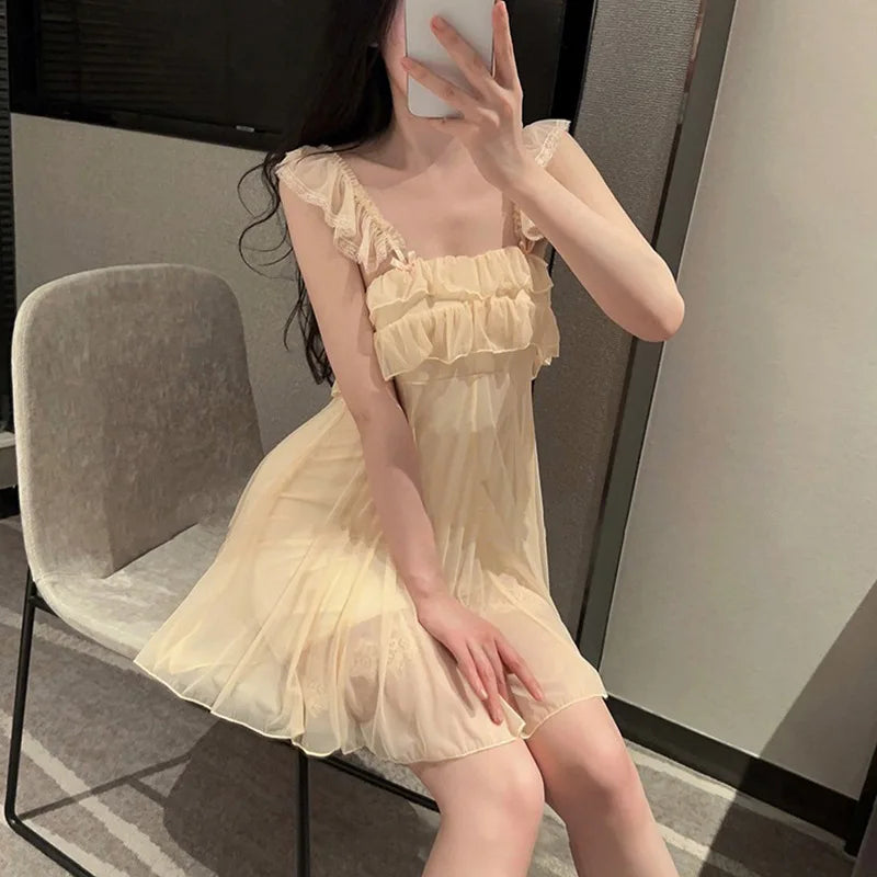Spring Nightdress Women  Lace Sweet Nightgown Home Dress Pajamas Summer Girl Princess Style Soft Sleepwear Nightwear Outwear