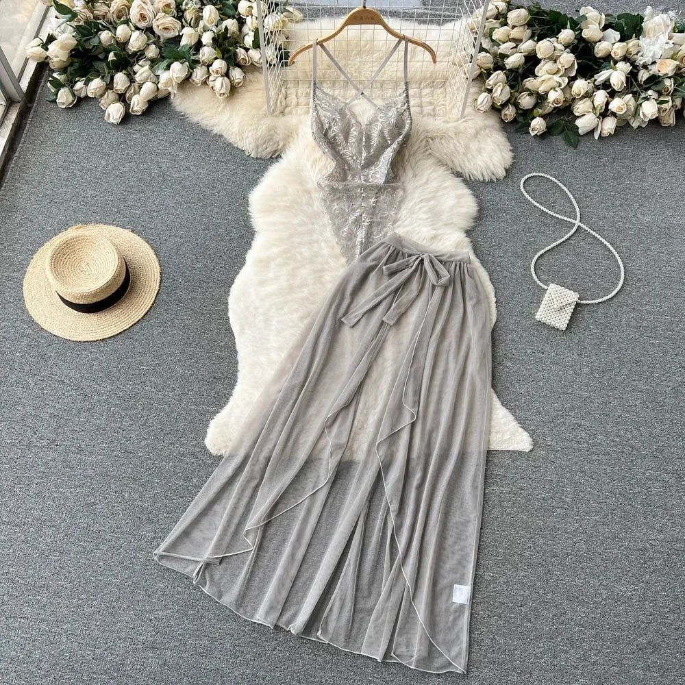 new Women's Multicolour Transpar Sexy Charming Flowing Mesh Long Skirt With Girls V-neck Lace Hollowed out Flower Top Two Pieces