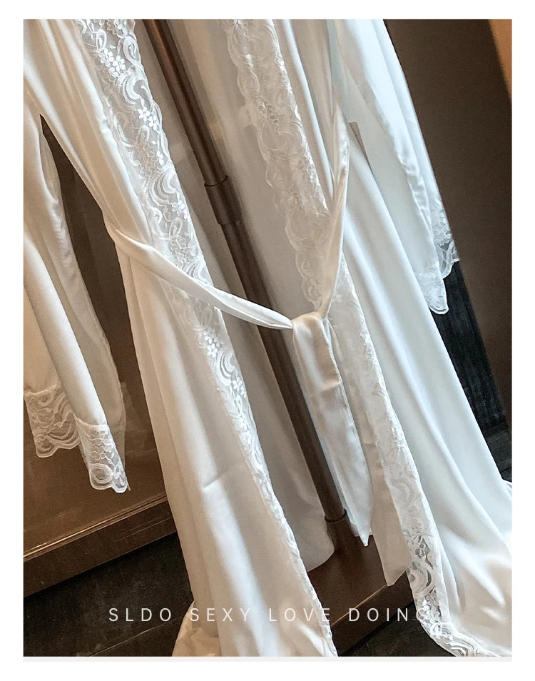 Wedding Bridal Bathrobe Big Lace Flower Nightie Wear Women Satin Kimono Long Loose Peignior Spring Autumn New Intimate Lingerie
