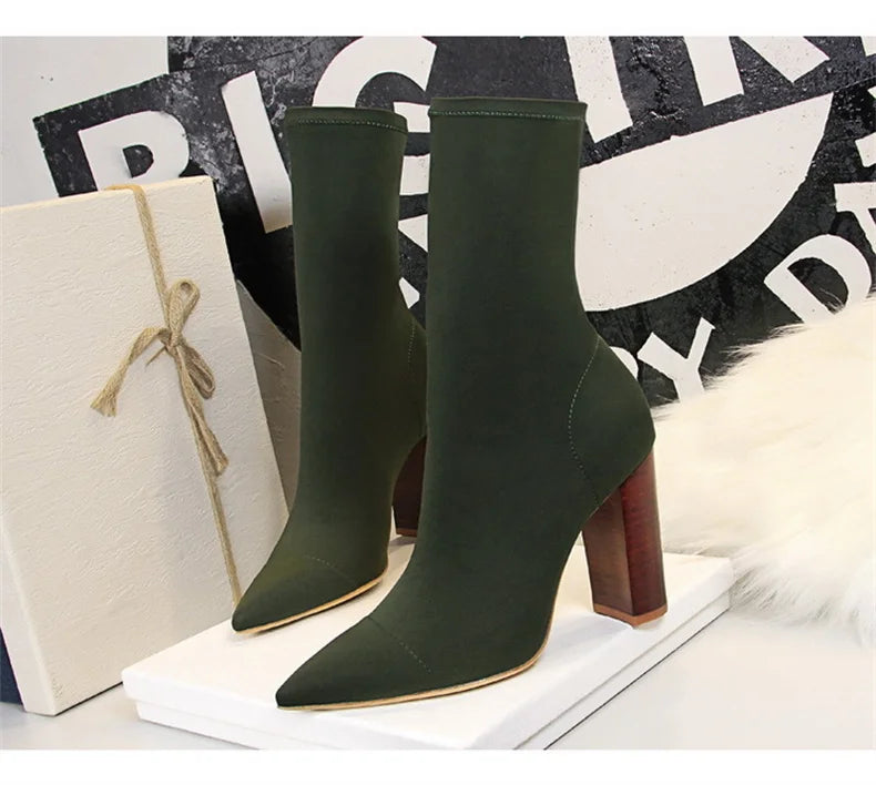 Mid-Calf Boots 2024 New Women Stretch Sock Boots Chunky Block Heels High Heels Silk Shoes Solid Color Short Boots Autumn 3129-3