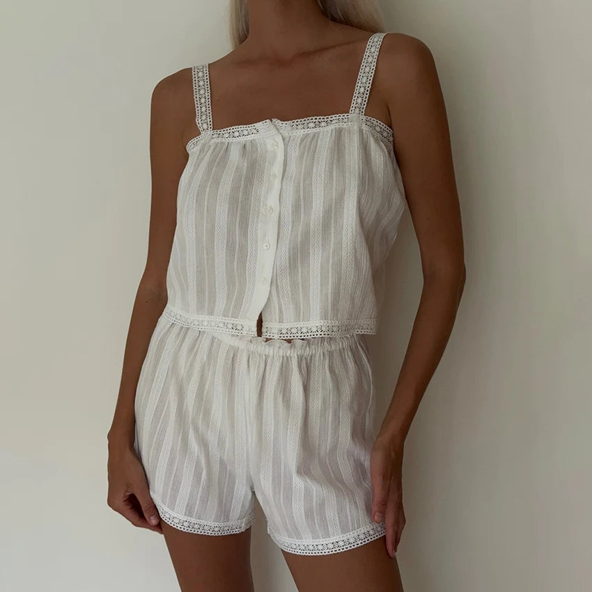 Hiloc Summer Elegant Jacquard Weave Shorts Suits Pajamas Cotton Ruffles White Sleepwear Home Spaghetti Strap Vest Casual Sets