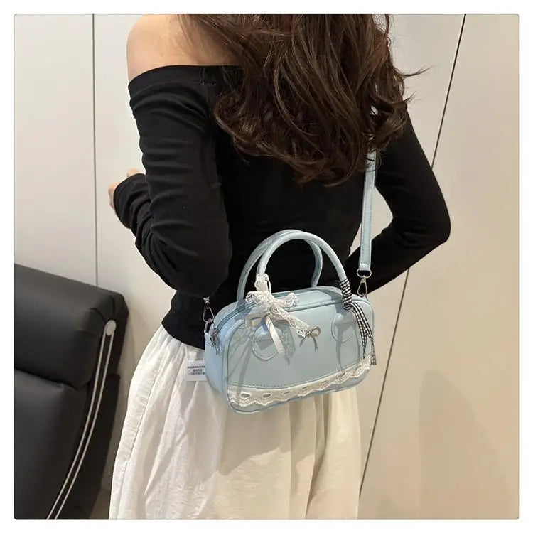 Simple Elegant Handbag Boston Shoulder bag Lace Ribbon Bow Decor Crossbody Bag Small Square Bag Casual Women Bags ﻿