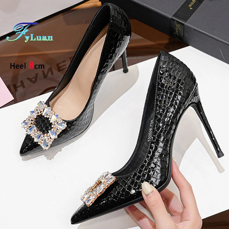 FyLuan New Fashion Women Pumps Rhinestone Square Ladies Shoes Pointed Beaded Female High Heels Sexy Comfortable Lady Stiletto