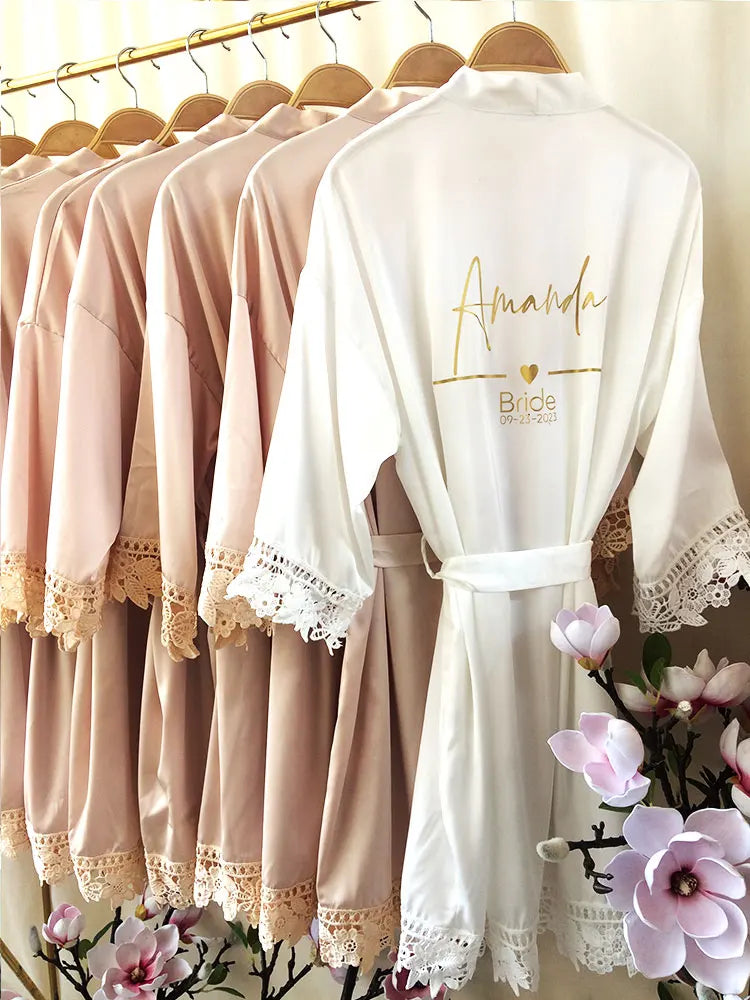 Personalized Name Dressing Gown Bride Kimono Silk bridesmaid Gowns Custom Wedding Nightgown Bachelorette Party Floral Trim Robes
