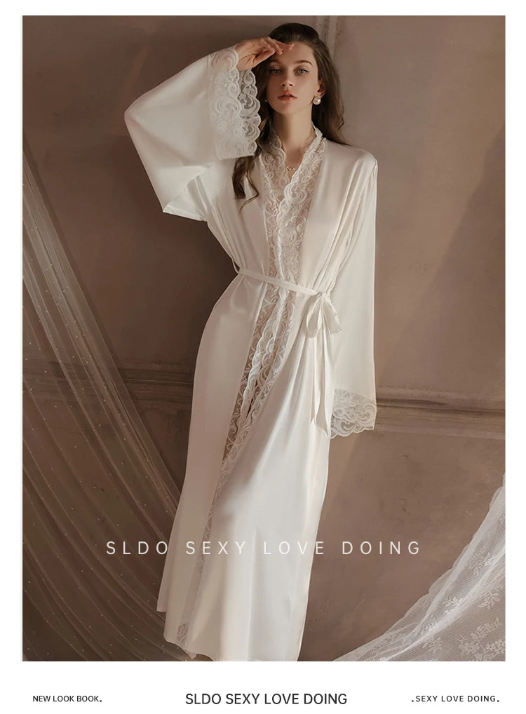 Wedding Bridal Bathrobe Big Lace Flower Nightie Wear Women Satin Kimono Long Loose Peignior Spring Autumn New Intimate Lingerie