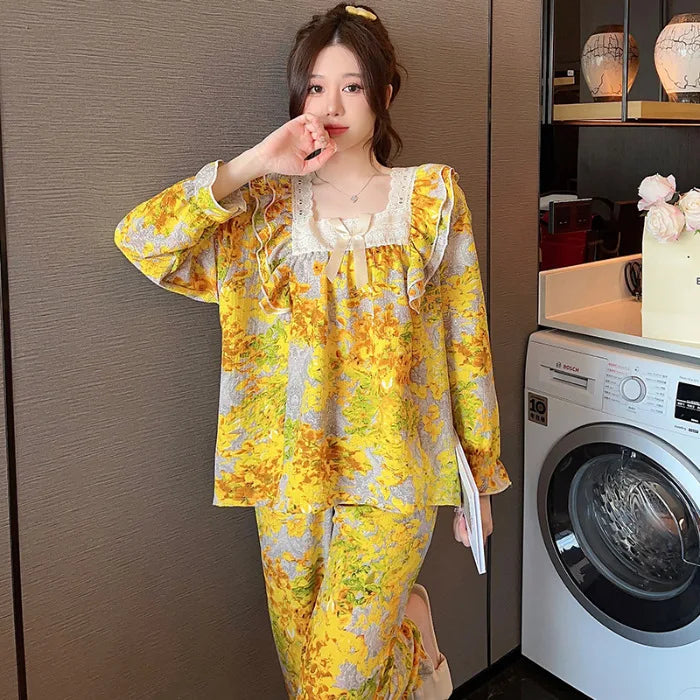 100kg Plus Size Cherry Print Pajama Women Korean Sweet Spring Long Sleeve Top Long Pants Plaid Homewear Princess Loose Outfits