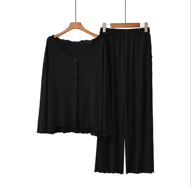 Japanese new style cotton pajamas suit ladies spring and autumn cardigan solid color long-sleeved trousers home service suit