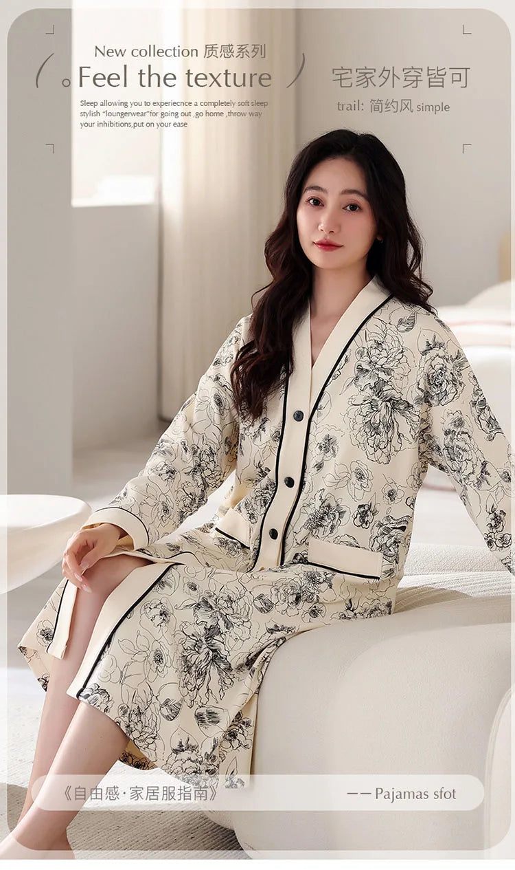 Big Size M-5XL Spring and Autumn Women Nightdress With Chest Pad Femme Knited Cotton Nightwear Floral Nightgown