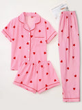 Women Pajamas Notch Lapel Short Sleeve Shorts Pants 3 Piece Set Spring Summer Fall Cute Print Homewear Loungewear