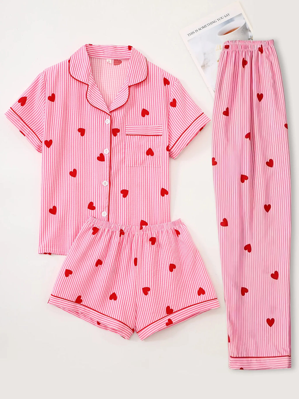 Women Pajamas Notch Lapel Short Sleeve Shorts Pants 3 Piece Set Spring Summer Fall Cute Print Homewear Loungewear