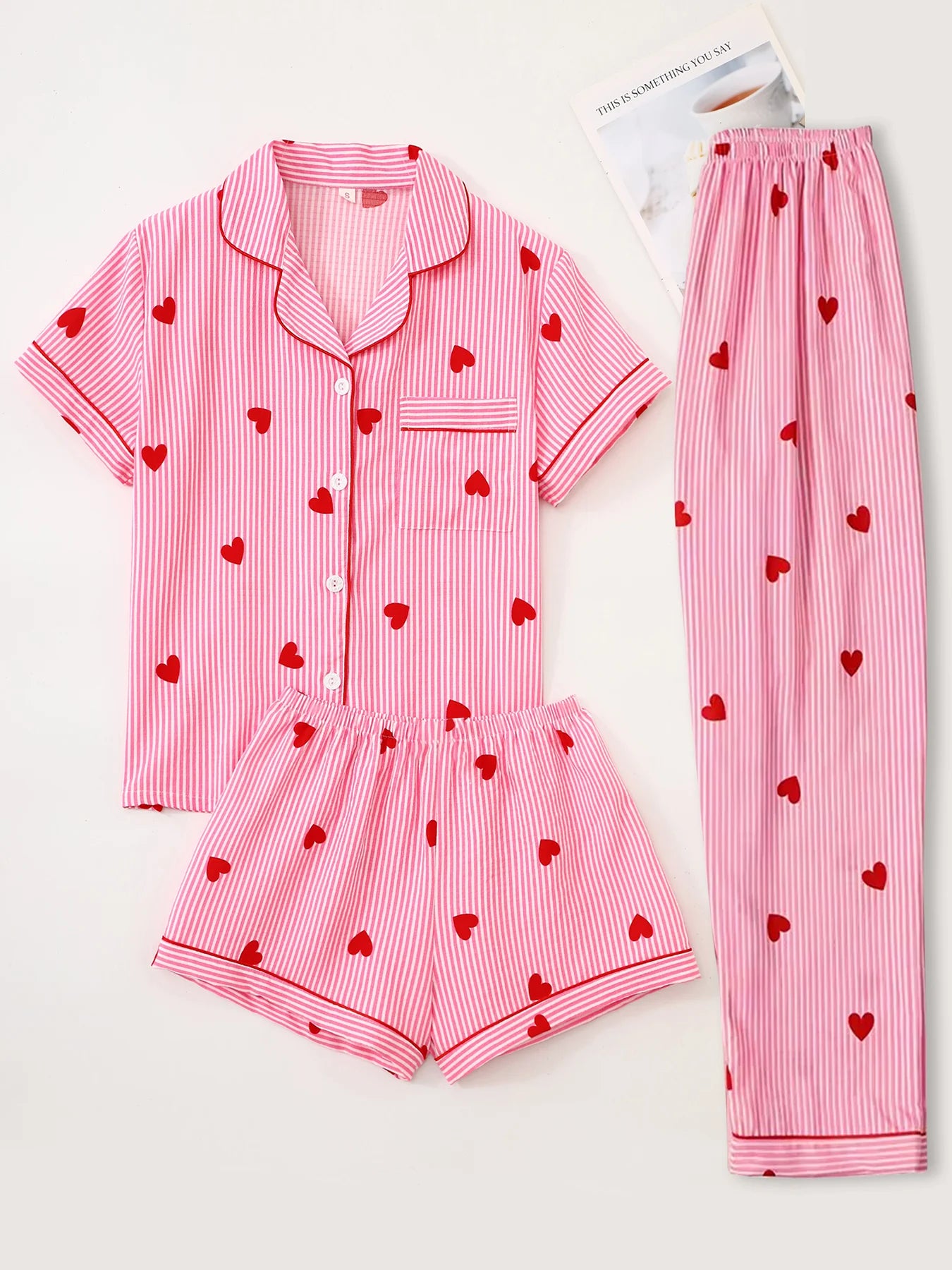 Women Pajamas Notch Lapel Short Sleeve Shorts Pants 3 Piece Set Spring Summer Fall Cute Print Homewear Loungewear