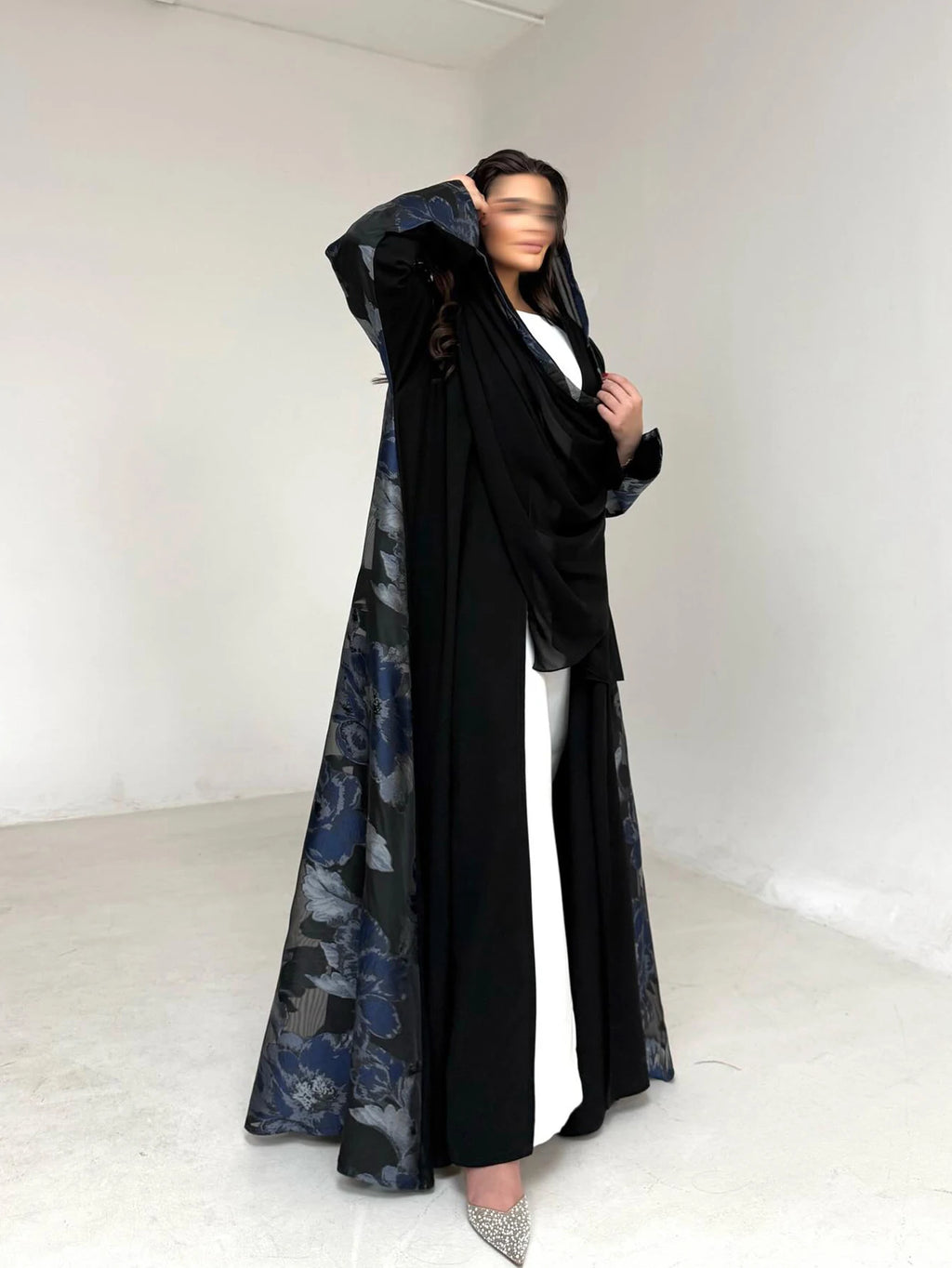 Women's Black Floral Print Abaya, Loose Long-Sleeved Elegant Arab Robe
