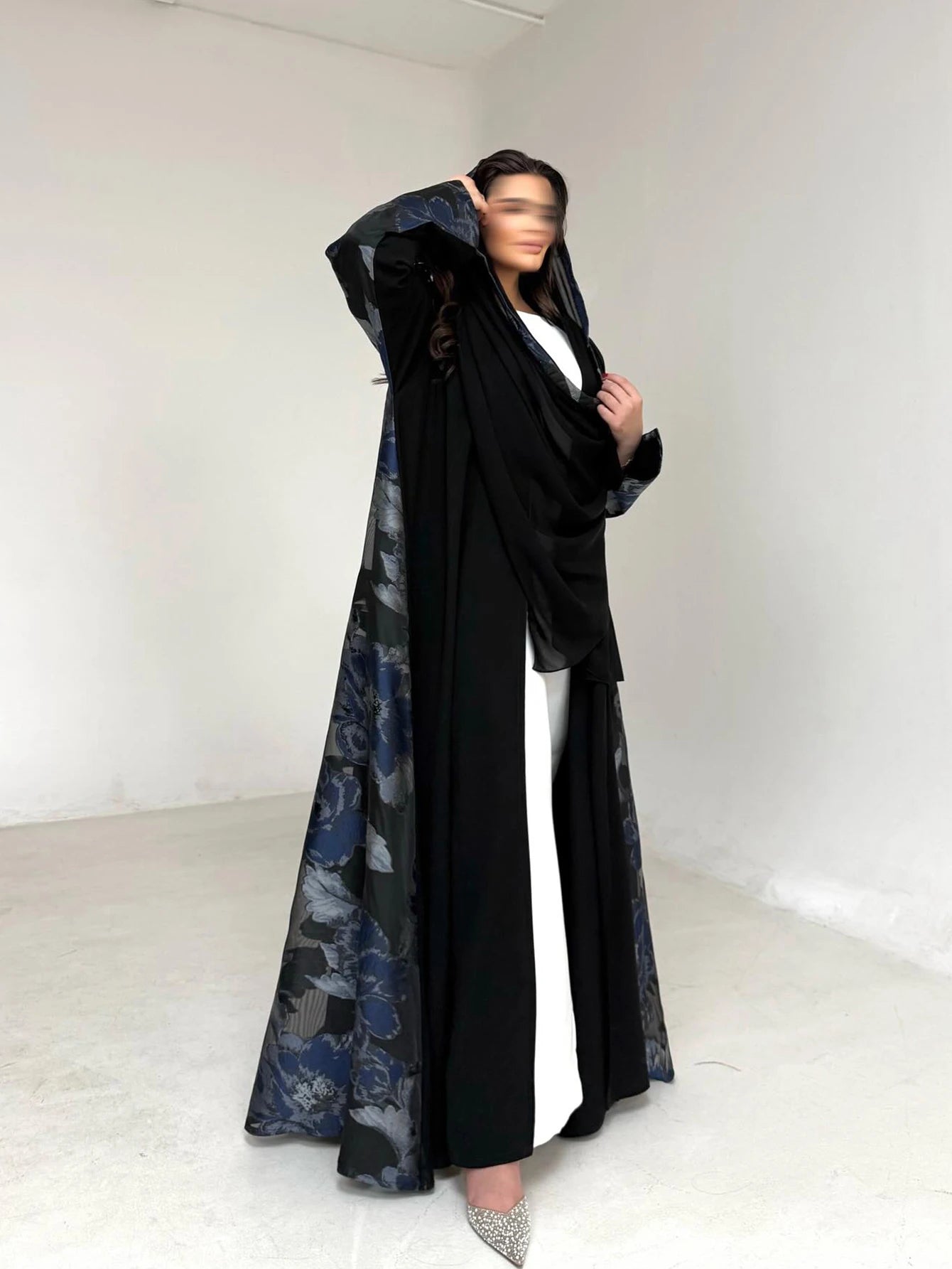 Women's Black Floral Print Abaya, Loose Long-Sleeved Elegant Arab Robe
