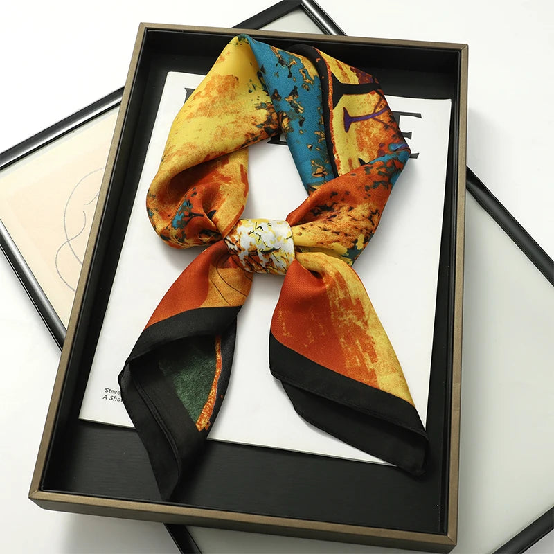 Luxury Women Silk Square Scarf Shawl Fashion Xiaoxiangfeng Print Design Satin Hijab Wraps Neckerchief Female Hair Bands 70*70CM