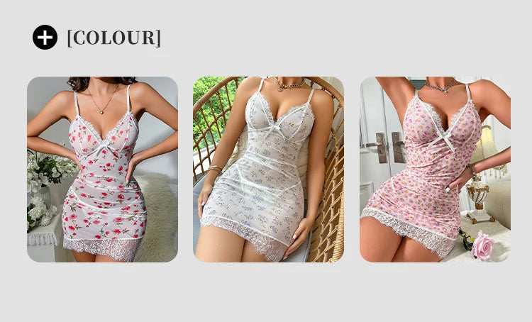 2PCS Women's New Sleepwear Summer Sexy Strap Doll Underwear Set Flower Lace Bordered Bow Tight Dress Sleeping Skirt Hot Selling