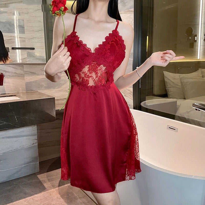 2025 new sexy camisole nightgown women's lace home sleepwear satin deep V backless luxury camisole sleepwear plus size red black