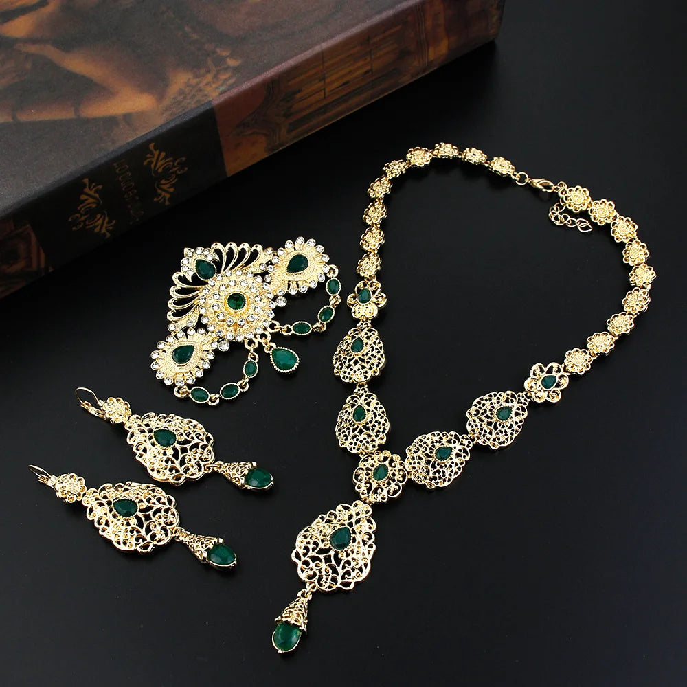 Sunspicems Chic Morocco Bride Jewelry Sets Gold Color Arabia Drop Earring Choker Necklace Caftan Brooch Sets 3Pcs Hollow Flower