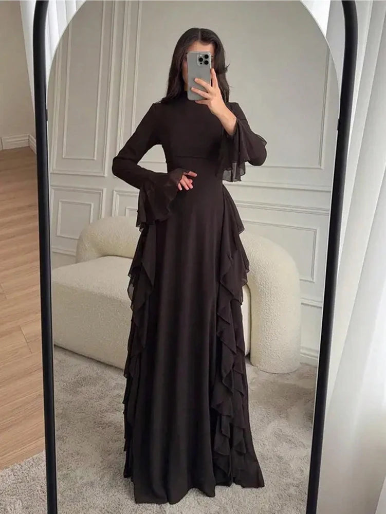 2025 European and American Women's Elegant Casual High-Waisted Solid-Colour Bell-Sleeve Dress Long Dress with Long Sleeves