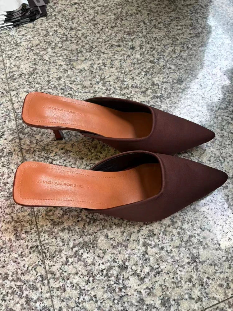 Spring Summer Women Pointed Toe High Heel Slippers Fashion Leopard Print Mules Slide Ladies Evening Party Dress Sandalias