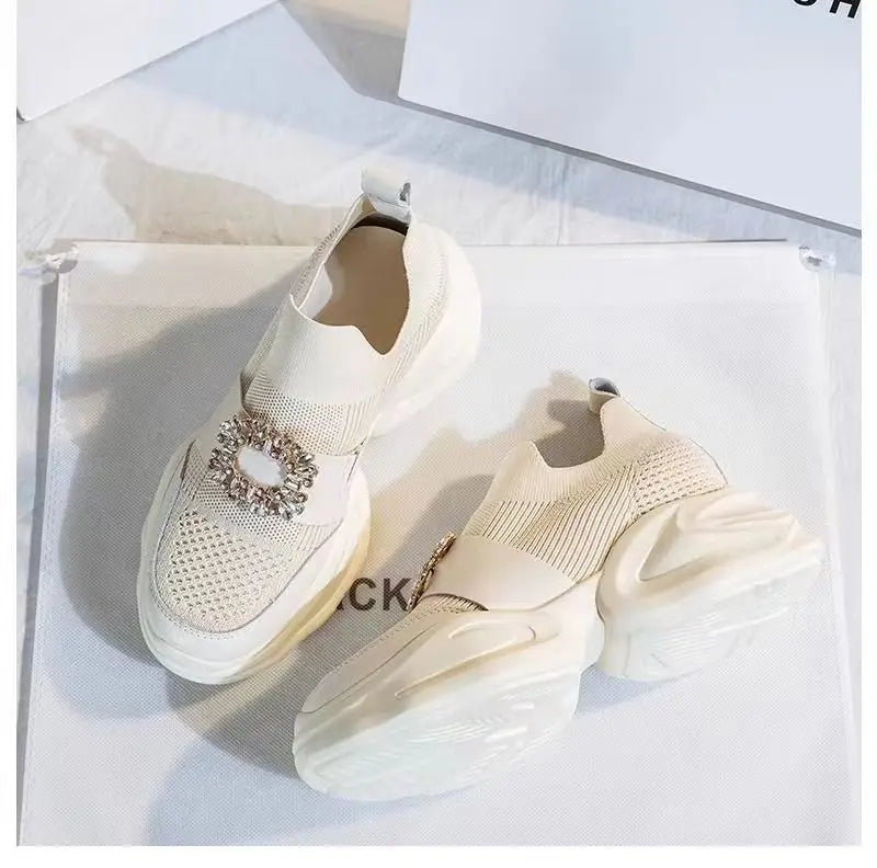Platform Shoes Women's Spring Summer New Fashion Rhinestone Sports Casual Shoes Slip-On Mesh Breathability Sneakers Women