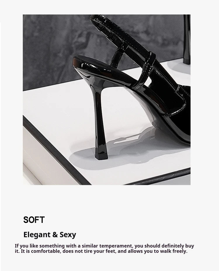New Summer Women's High-heeled Sandals Gold Iron Head Patent Leather Black Stiletto Square Head Closed Toe Sling Back Shoes