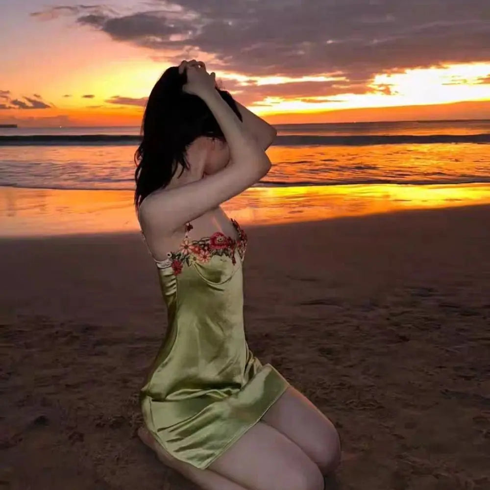 Flower Embroidery Women's Pajama Dress Sleeveless Thin Satin Silk Suspender Nightdress Sleepwear Beauty Back